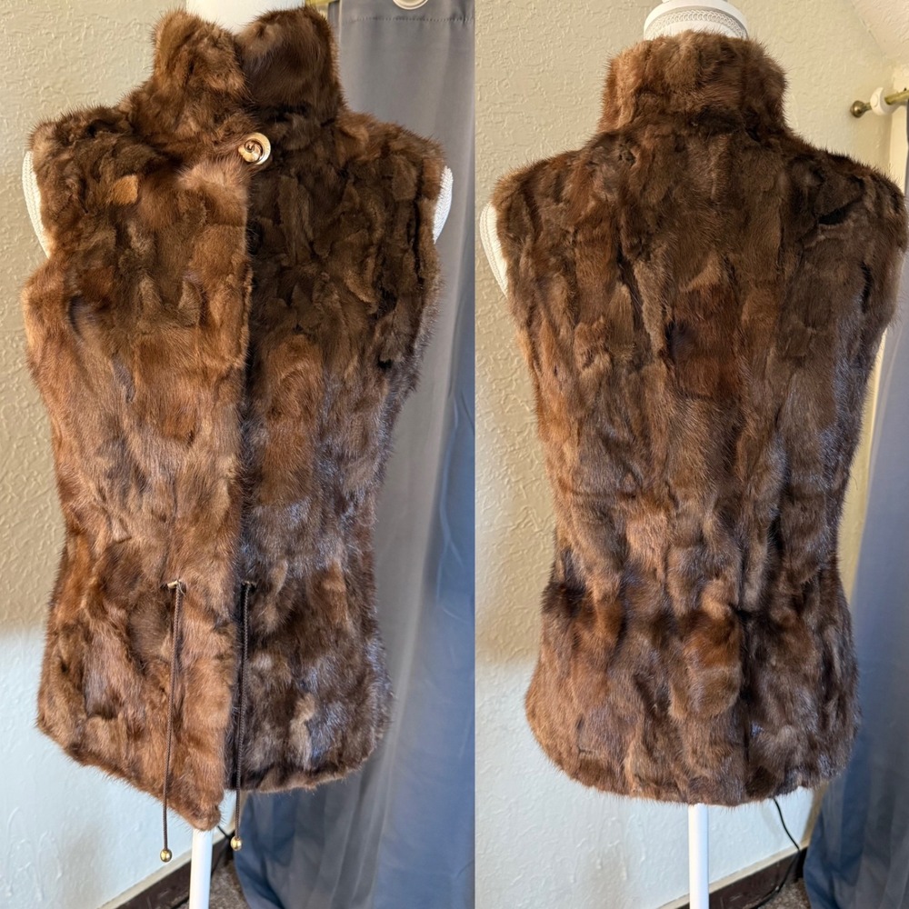 Genuine Mink Fur Vest Brown Pieced Stand Collar Drawstring Waist Size 42 / small